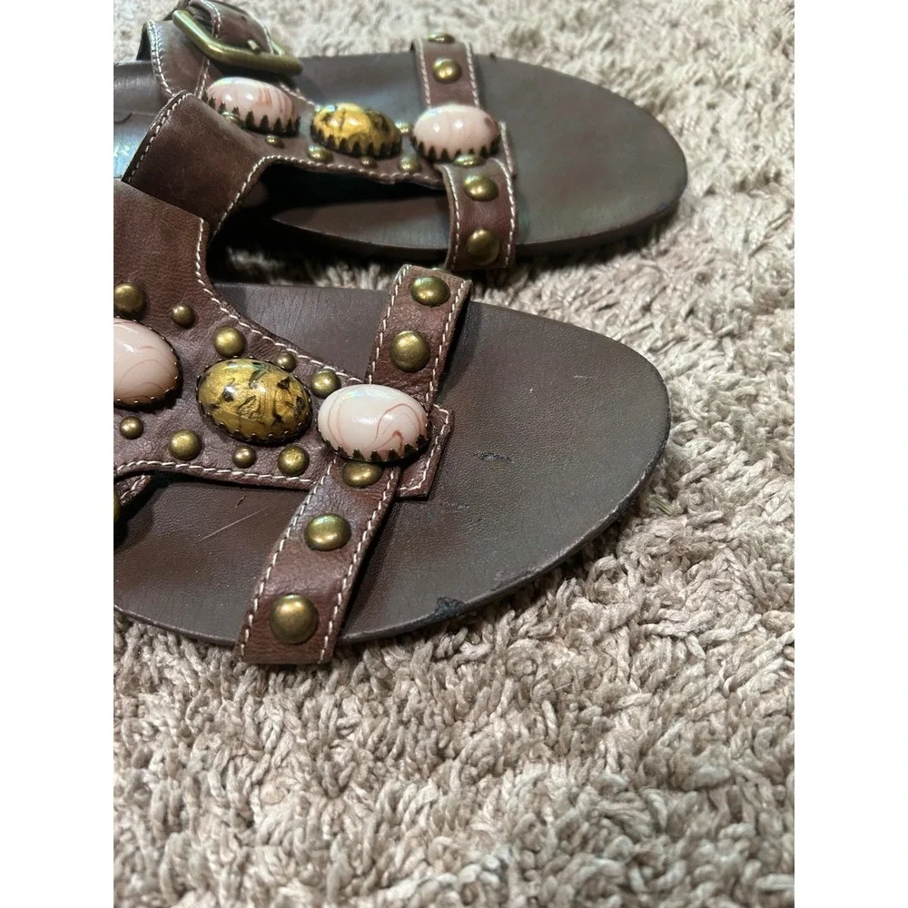 Franco Sarto Brown Leather Stone Studded Slide Sandals Western Boho Hippie  7M‎